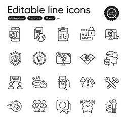 Set of Technology outline icons. Contains icons as Employee, Settings and Fake information elements. Alarm clock, 5g wifi, Mobile like web signs. Group, Online shopping, Lock elements. Vector