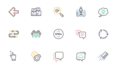 Time management, Augmented reality and Info line icons for website, printing. Collection of Talk bubble, Scroll down, Methodology icons. Wholesale inventory, Search text, Energy web elements. Vector