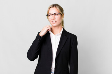 caucasian blonde woman feeling stressed, anxious, tired and frustrated. business concept