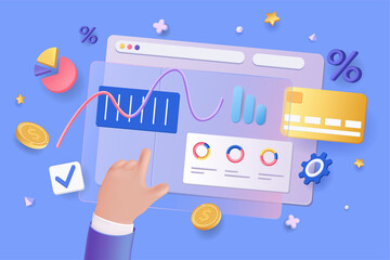 Financial report concept 3D illustration. Icon composition with dashboard with data charts, graphs, diagrams and credit card. Business analytics, accounting. Illustration for modern web design