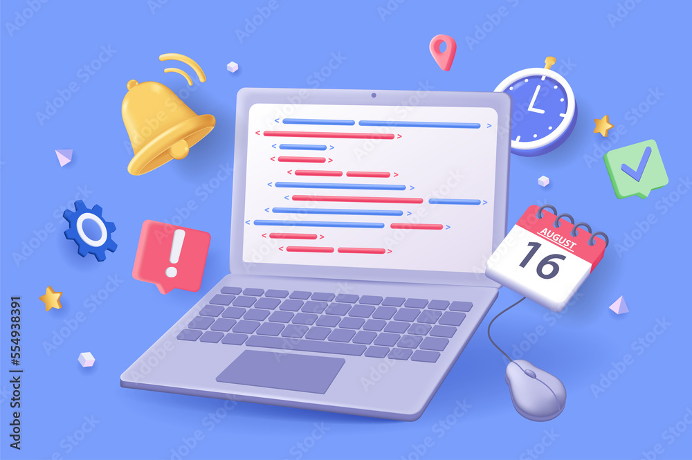 Poster Programming concept 3D illustration. Icon composition with code at laptop screen and other. Creation, development and testing of programs and software. Illustration for modern web design