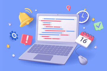 Programming concept 3D illustration. Icon composition with code at laptop screen and other. Creation, development and testing of programs and software. Illustration for modern web design