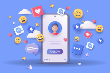 Social media platform concept 3D illustration. Icon composition with user account at mobile phone screen, messages, comments, likes, hearts, emoji and other. Illustration for modern web design