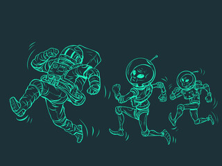 Aliens are chasing an astronaut. Kidnapping. UFOs and ufology © studiostoks
