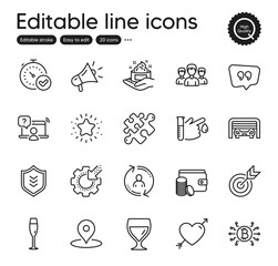 Set of Business outline icons. Contains icons as Shield, User info and Parking garage elements. Blood donation, Megaphone, Fast verification web signs. Wine glass, Skin care. Vector