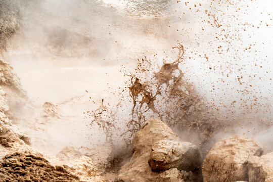Close-up view of turbulent splashing of a mud pot in the Lower Geyser Basin; Yellowstone National Park, United States of America