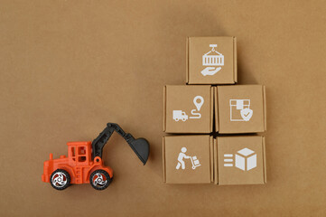 Stack of cardboard boxes and airplane with fast delivery of goods and products . Commodity trading,...