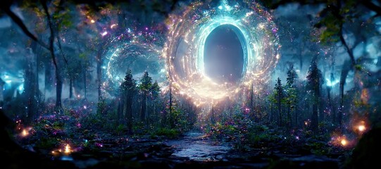 Obraz na płótnie Canvas In a dense forest, an archway leads to another dimension. The leaves on the trees are green. A blue light can be seen in the portal. The whole earth is covered with green grass. 3D illustration, ai.