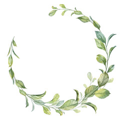 Fototapeta premium Detailed green floral wreath for stationery design with copy space inside. Hand painted watercolor leaves and branches composition