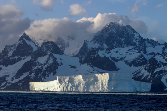 Giant tabular icebergs and snow-capped mountains.