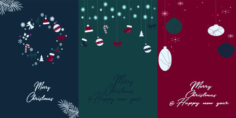 A set of greeting cards, Happy New year 2023! with a wreath of Christmas tree toys. Vector illustration