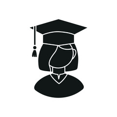 Graduation student in cap and gown. Graduating girl silhouette.  Graduating student avatar. Monochrome vector icon isolated on white background.
