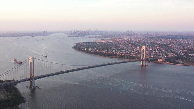 aerial view of verrazano narrows bridge with twilight sky