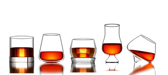 Set of Scotch Whisky, bourbon or rum in a Glass on White background - 3D Illustration Render
