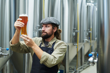 Brewer checking quality of drink he made in his microbrewery