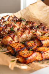 Fried meat on wooden skewers.Tasty kebabs in plum sauce