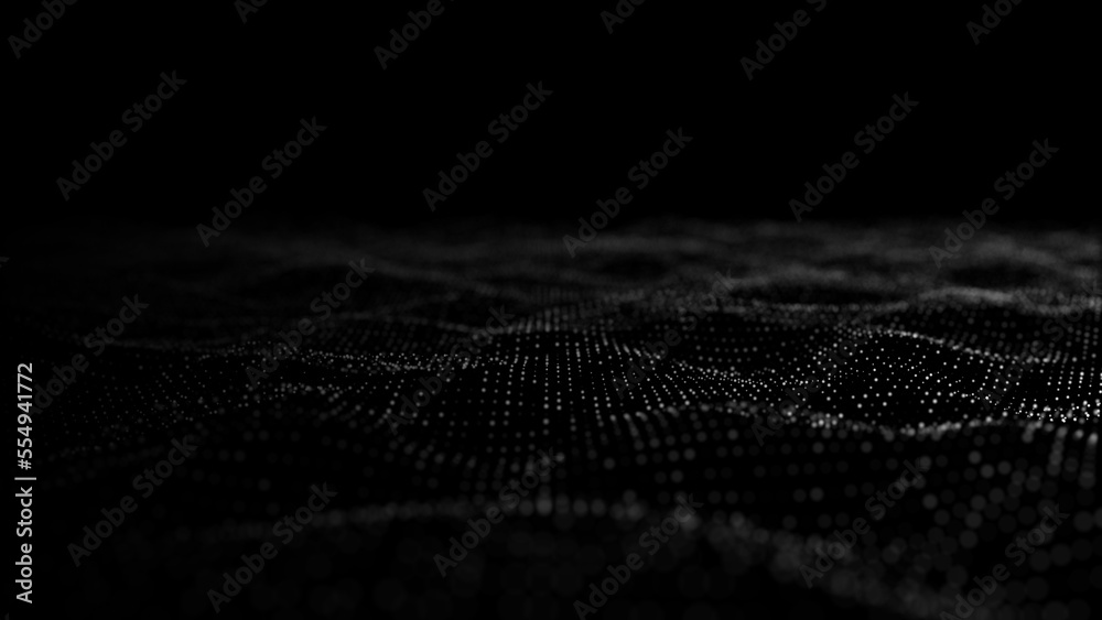 Poster Wave of digital particles on a black background. Abstract interlacing lines and points. Digital connection of elements. Simulation of the movement of small particles. 3D rendering.