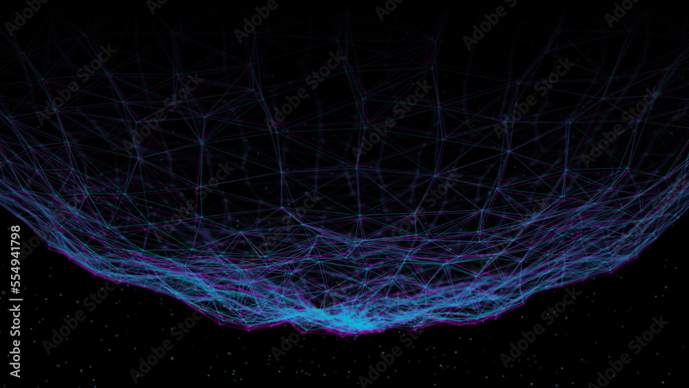 Poster Futuristic wave with lines and dots. Abstract background with a dynamic wave. Particle placement with hanging dots in space. Large data background. 3d rendering.