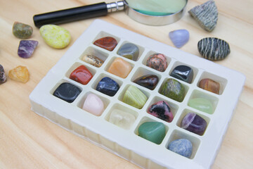 Set of minerals and semiprecious stones studied by mineralogy enthusiasts