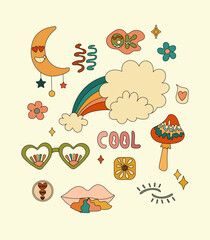 Retro 70s hippie stickers, psychedelic clockwork elements. Funky cartoon mushrooms, flowers, rainbow, vintage hippie style vector elements set. Heart glasses