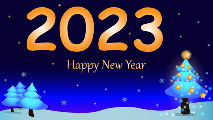 New Year's Day 2023 Background and postcard. Winter moonlit night with a Christmas tree, garlands and snowflakes. Text: Happy New Year 2023.
