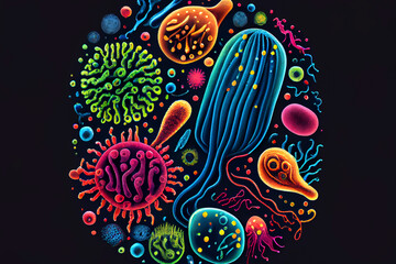 Beautiful microworld, microbes of different shapes, generative ai illustration