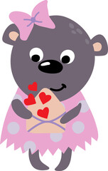 Cute hand drawn bear with letter. Valentika. White background, isolate. vector illustration.