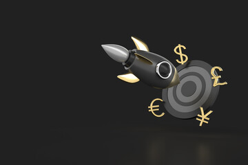 A rocket targeting to hit a Bullseye or dartboard with four main currency symbols on dark background. Financial and business goal and strategy concept. 3D rendering isolated with clipping path.