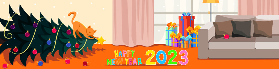 New Year illustration. The cat dropped the Christmas tree in a cozy interior. Happy New Year 2023