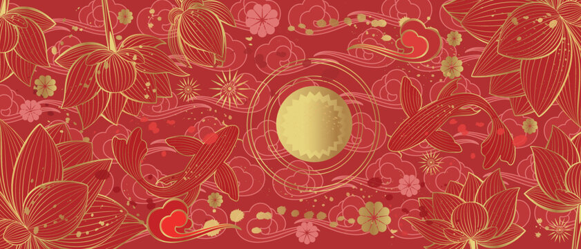 Vector banner with traditional Chinese elements and ornament. Koi carp in gold color on a red background with peony flowers. Chinese background.