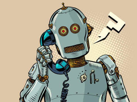 A humanoid robot speaks on an old wire telephone. Artificial intelligence answering machine. AI speech generator