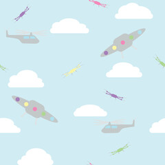 Helicopters, flying saucers, and drones among the clouds, childish seamless pattern