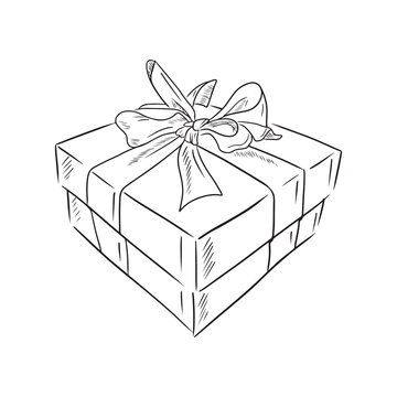 Gift box with ribbon and bow isolated on white background. Hand drawn vector sketch illustration in doodle simple vintage engraved style. HAppy birthday gift, Christmas present, holiday.