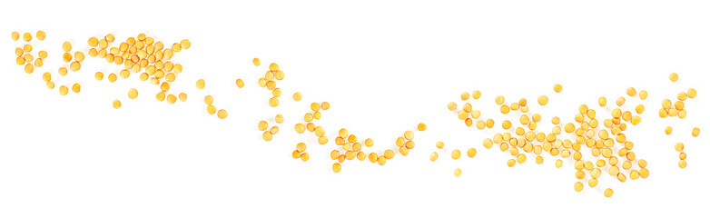 Group of dried yellow mustard seeds isolated on a white background, top view.