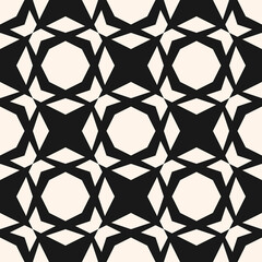 Abstract vector geometric seamless pattern. Simple black and white ornament texture with diamond shapes, crosses, grid, repeat tiles. Stylish geometrical monochrome background. Elegant geo design
