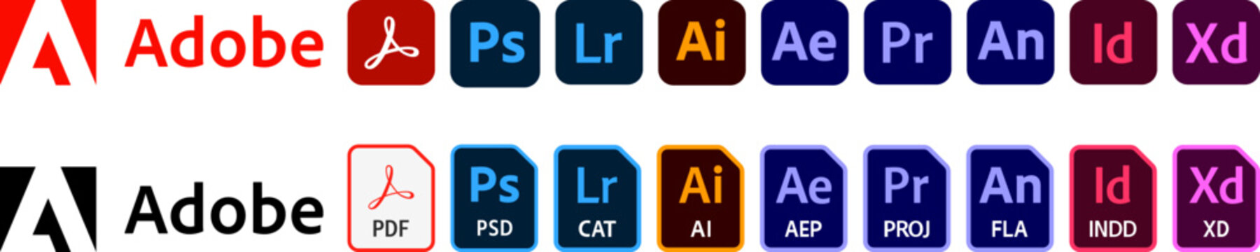 Adobe Products file logo set. Acrobat DC, PDF, Photoshop, Lightroom, Illustrator, After Effects, Premiere Pro, Animate, InDesign icons. Vector editorial illustration