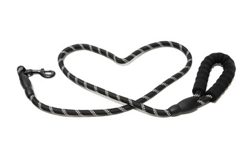 Black and gray dog leash, placed in the shape of a heart, isolated on a white background. Concept...