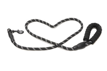 Black and gray dog leash, placed in the shape of a heart, isolated on a white background. Concept of love towards dogs.