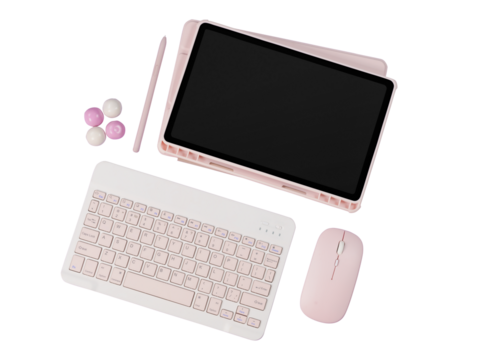 Pink tablet with keyboard, mouse and pen on a purple background. Flat lay. Png with transparency - Powered by Adobe