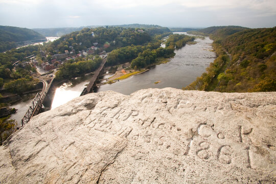 Civil War era grafitti on a rock above Harpers Ferry, West Virginia.; Harpers Ferry, West Virginia.