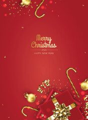 Merry Christmas and Happy New Year. Xmas background with poinsettia, Snowflakes, star and balls design.