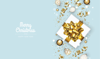 Fototapeta premium Merry Christmas and Happy New Year. Xmas Festive background with realistic 3d objects, gift box, gold balls.