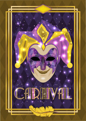 Venice carnival mask, vip invitation card in art deco style , vector illustration	