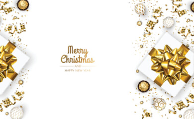 Fototapeta na wymiar Merry Christmas and Happy New Year. Xmas Festive background with realistic 3d objects, gift box, gold balls.