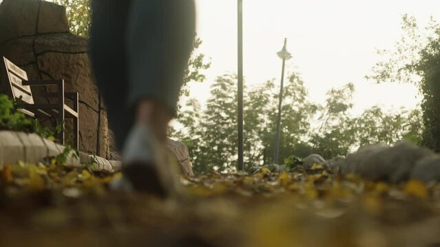 The camera below takes pictures of a girl walking through fallen leaves in the park. Bright sunset sun ahead. close-up. Slow motion