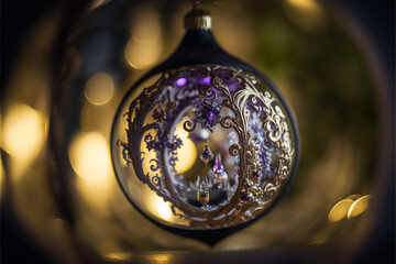 Close up Christmas ornament microworld inside spun glass hanging from Christmas tree, purple rococo wonderland background,generative ai.