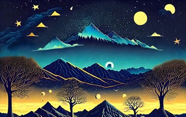 3d modern art mural wallpaper. background with stars, tree, mountains, golden moon and deer.