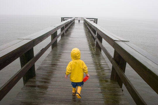 A little boy in a yellow raincoat walks down a pier in the rain.; Annapolis, Maryland.