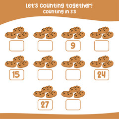 Counting by three's the Christmas Elements. practising math in multiple of 3s activity worksheet for kids, write the missing numbers, math multiples. Counting worksheet for children. 