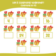 Counting by four's the Christmas elements. practising math in multiple of 4s activity worksheet for kids, write the missing numbers, math multiples. Math worksheet for children. 